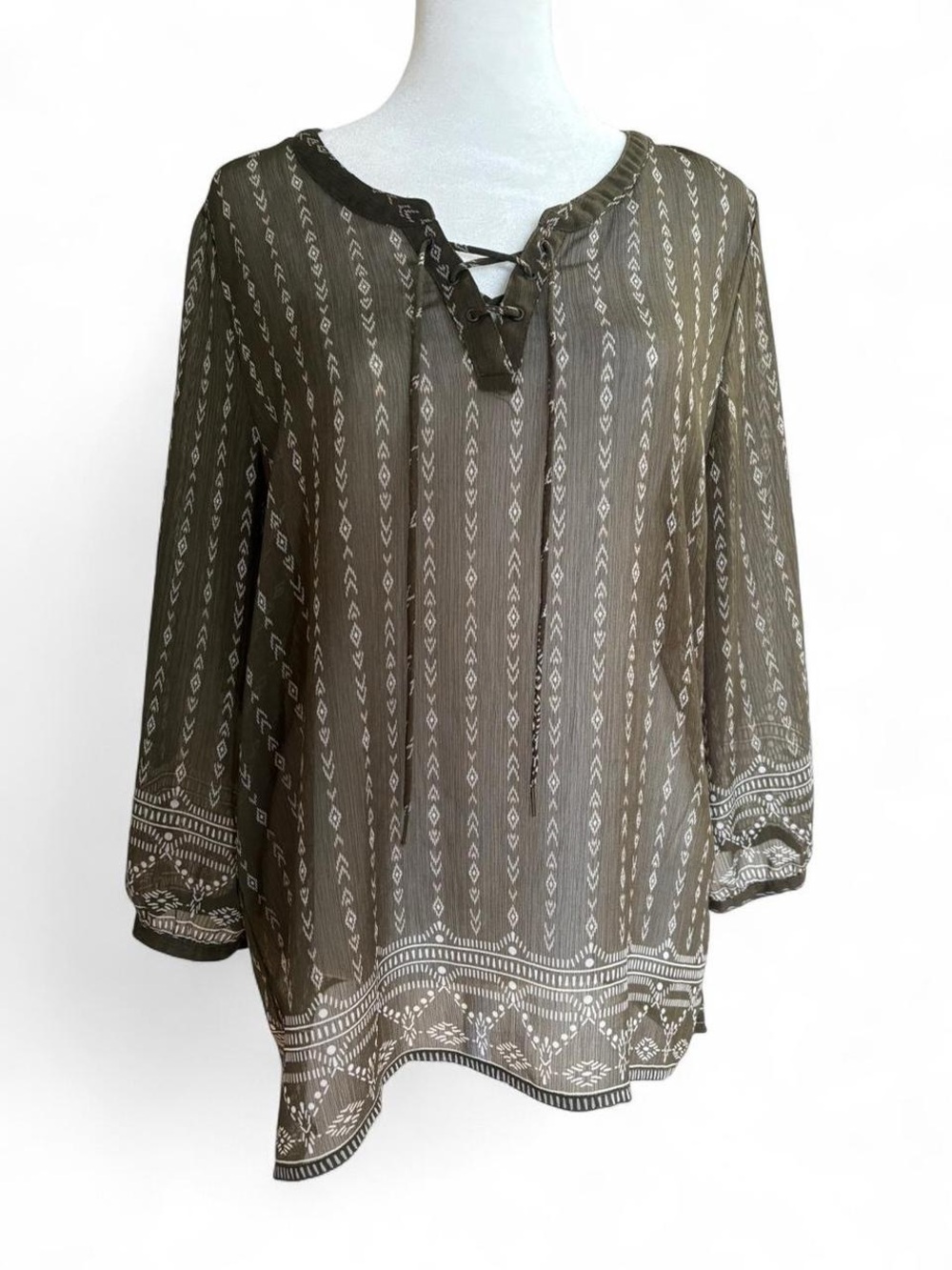 Reitmans Olive Green Lace-Up Peasant Blouse